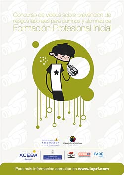 Cartel del concurso de vídeos sobre prevención de riesgos laborales para alumnos y alumnas de Formación Profesional Inicial.