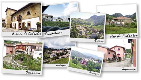 Algunos de los pueblos de Cabrales: Carreña, Arenas de Cabrales, Asiegu, Pandébano, Arangas, Inguanzo, Poo de Cabrales y Sotres.