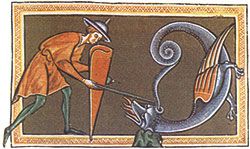 Un encantador recitando sus palabras al áspid, una sierpe monstruosa según el "Bestiario de Oxford" (siglos XII-XIII)
