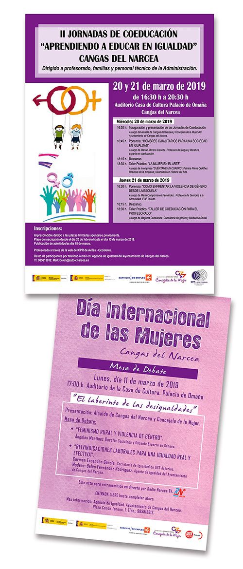 Carteles de actividades para el día internacional de la mujer en Cangas del Narcea
