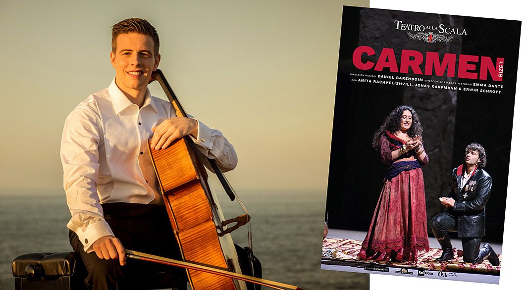 El violonchelista Gabriel Ureña / Foto: ©Yeray Menéndez (izda.) e imagen promocional del la ópera Carmen (dcha.)