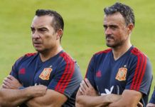 Joaquín Valdés con Luis Enrique en un entrenamiento de la Selección Española de Fútbol