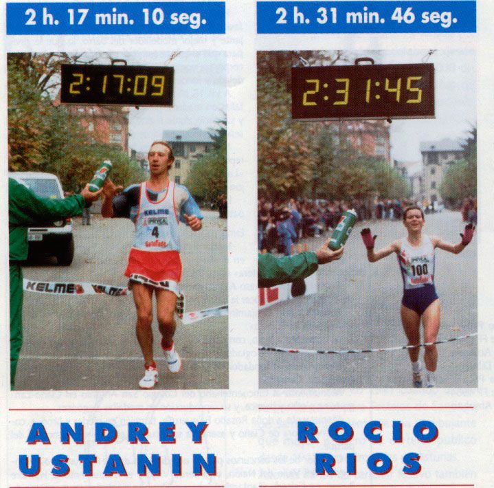 Andrey Ustanin, ruso y Rocío Rios, asturiana, ganadores del Maratón Valle del Nalón en el año 1992 