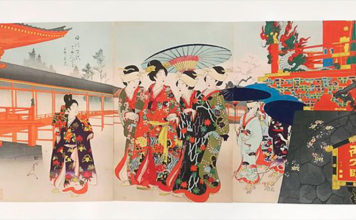 Las damas de Tokugawa llegan a Ueno para apreciar la floración, de Yoshu Chikanobu (1880). Colección Takaharu Hasimoto