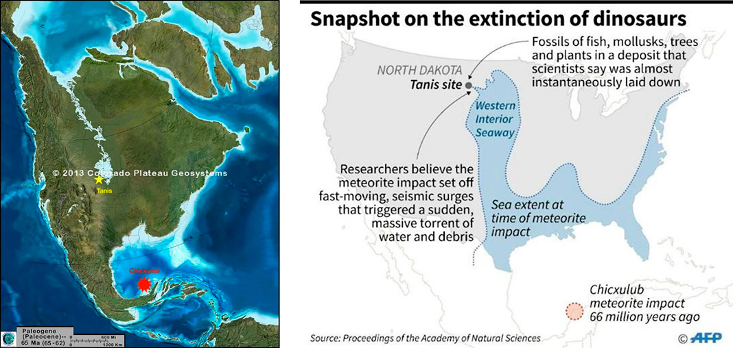 Mapa de América del Norte en la época del impacto del asteroide (izquierda) y zona afectada por el tsunami tras el impacto (derecha).