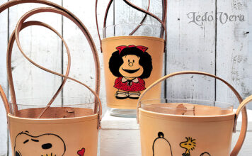 Portavasos de cuero con diseño de Mafalda y Snoopy de Ledo Vera
