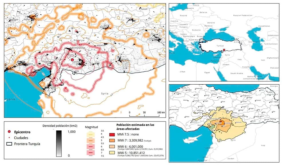 Figura1. Mapas de Turquía en el que se muestran a diferentes escalas el área donde el sismo ha tenido los efectos más destructivos, así como la densidad de población en el sur del país. Fuente: Cruz Roja.