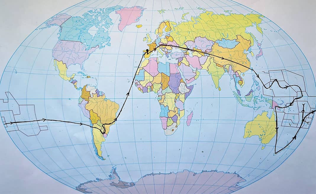 Mapa de la vuelta al mundo que dio Alberto Campa por las islas del Pacífico y Sudamérica