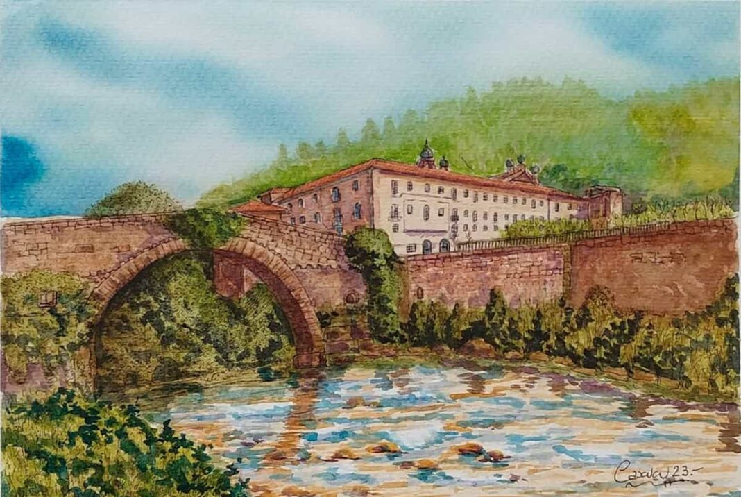 Parador Nacional de Corias (Cangas del Narcea). Acuarela y plumilla realizada por Caxucu