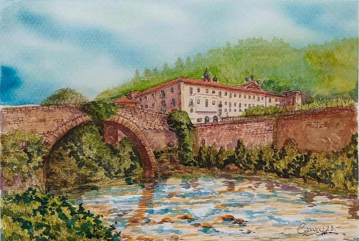 Acuarelas y pinturas de Asturias Parador Nacional de Corias (Cangas del Narcea). Acuarela y plumilla realizada por Caxucu