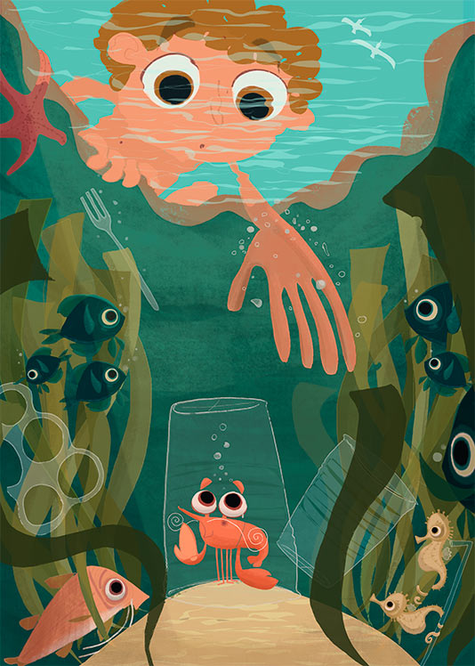 Plásticos en el mar. Ilustración de Javi Domingo