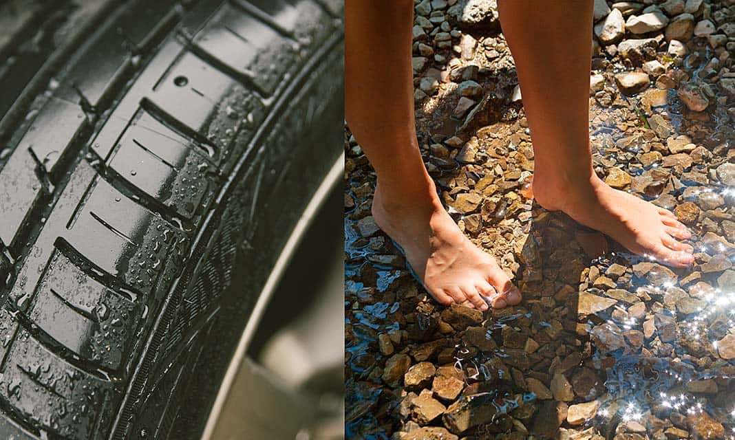 Simulación/comparación entre el agarre de un neumático en lluvia y el agarre de los pies cuando se arrugan por el efecto del agua.
