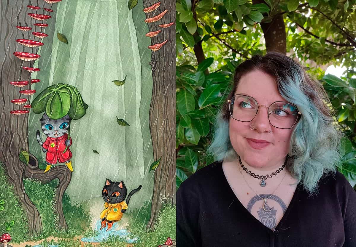 Gala Valdés. Ilustradora de la imaginación La ilustradora asturiana Gala Valdés junto a una de sus obras, "Gatinos".