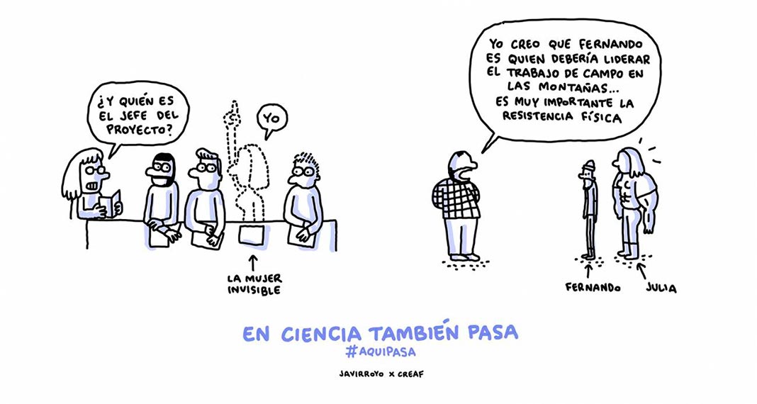 Campaña “En ciencia también pasa” (2022). Viñetas de Javier Royo para visibilizar las situaciones de desigualdad de género en la ciencia.