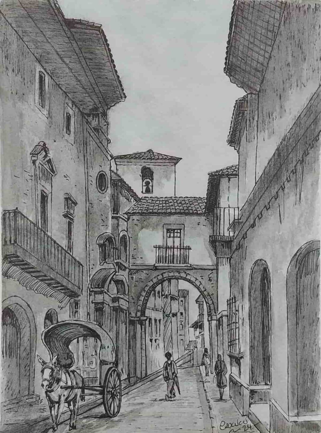 Rincón en la zona del Oviedo antiguo. Dibujo de José Ramón Aparicio Pérez