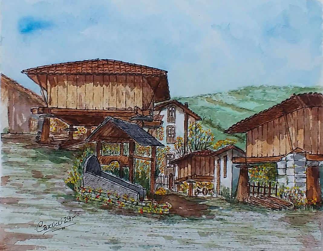 Villar de Gallegos, Mieres. Dibujo de José Ramón Aparicio Pérez