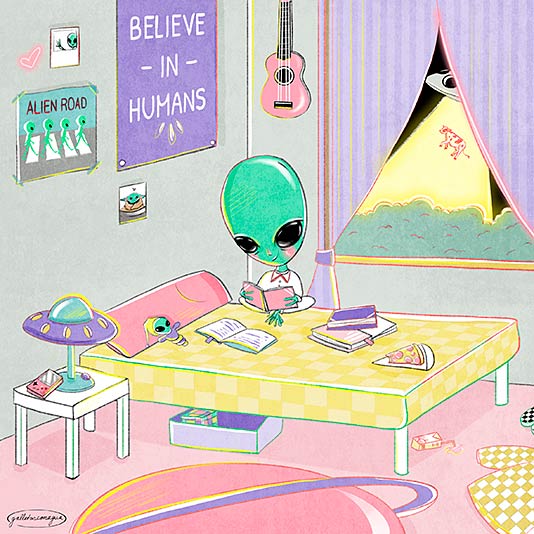 Ilustración de un alien en su habitación, por @galletasconagua