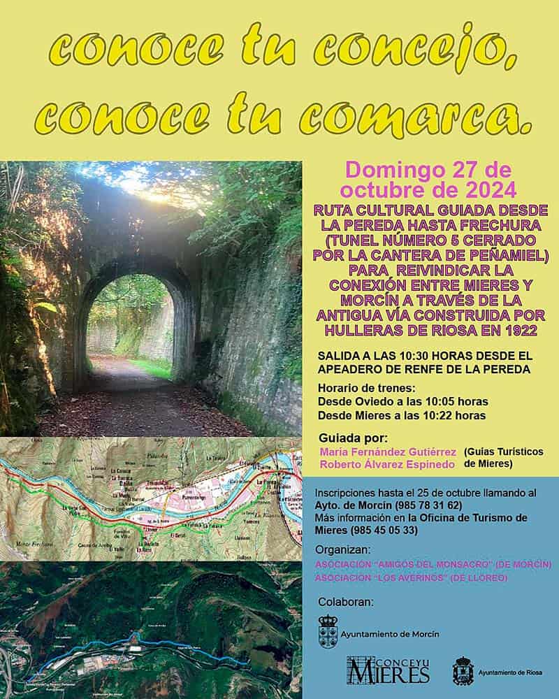 Ruta cultural guiada desde La Pereda (Mieres) hasta Frechedura por la cantera de Peñamiel para reivindicar la conexión entre Mieres y Morcín a través de la antigua vía construída por Hulleras de Riosa en 1922.