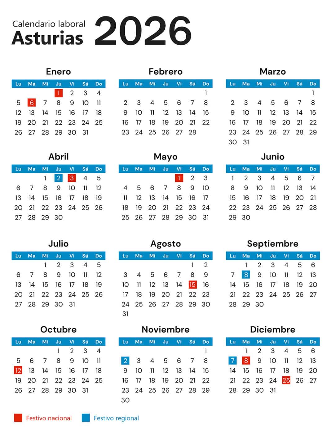 Calendario laboral Asturias 2026 con festivos y puentes clave
