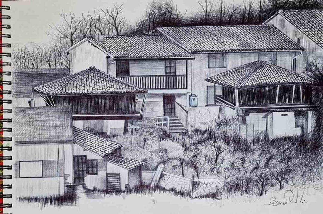 Quintana asturiana, dibujo a boli BIC negro del artista asturiano Bernardino Rozada Fernández.