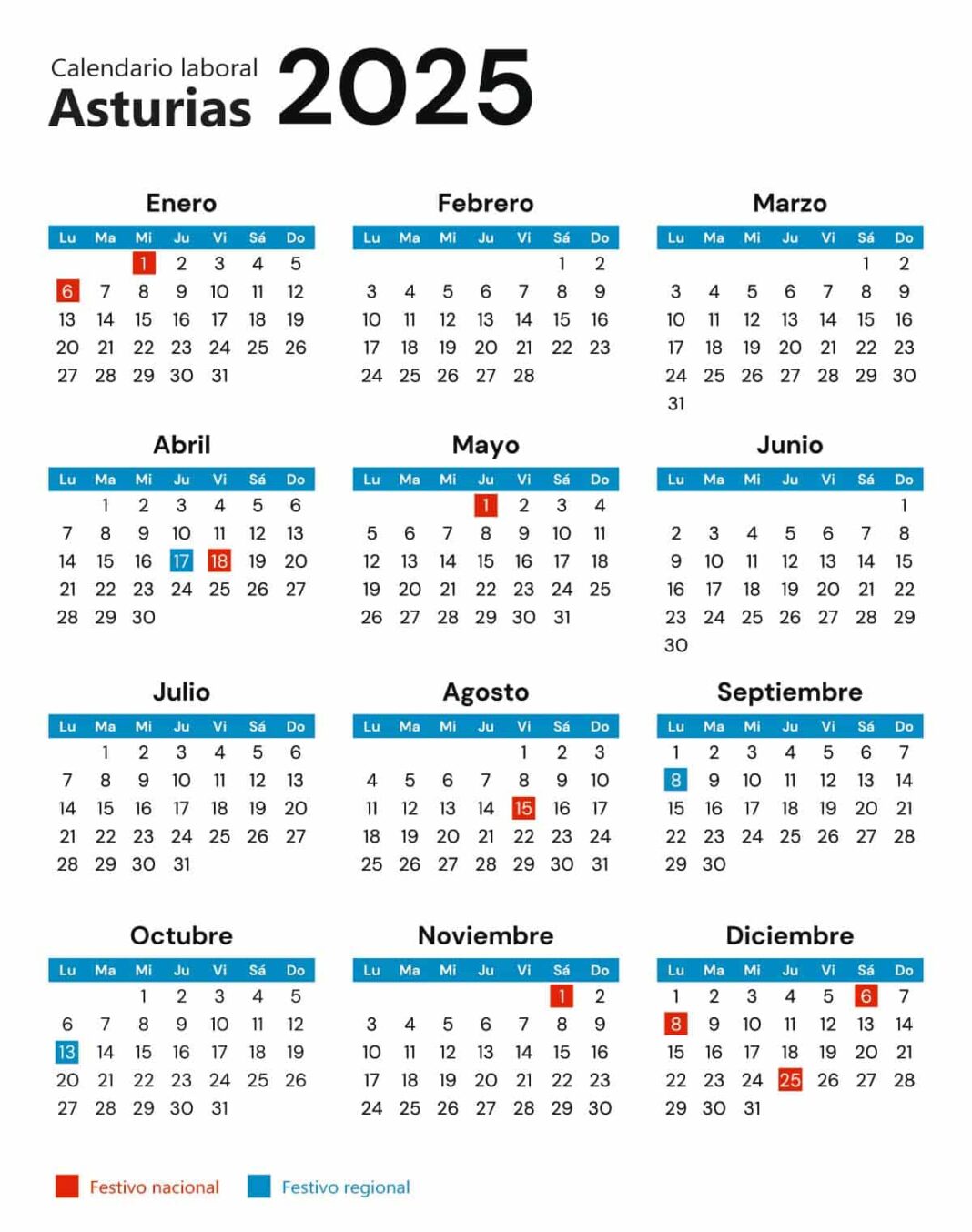 Calendario laboral Asturias 2025 con festivos y puentes clave