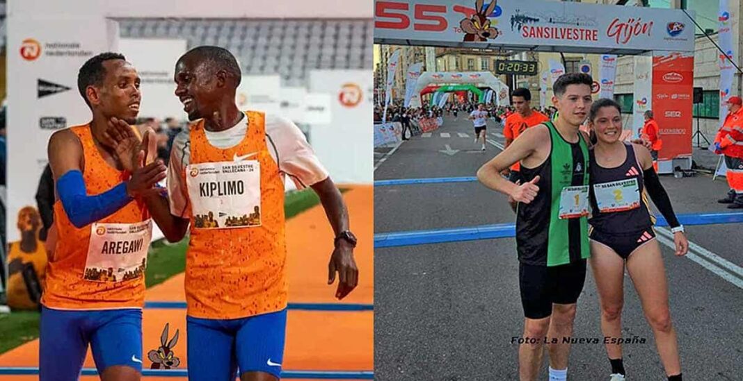 Izda., Aregawi, vencedor de la San Silvestre Vallecana 2024, y Kiplimo, Dcha.: Rubén Marqués Garay e Isabel Barreiro García, vencedores en la San Silvestre de Gijón 2024 en el recorrido 6 Km.