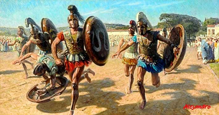 El Hoplitódromo consistía en una carrera de larga distancia con casco, armadura y escudo. Ilustración de Tom Lovell.