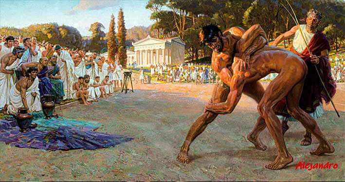 Luchadores griegos en los primeros Juegos Olímpicos de la Antigüedad. 776 a.C. Olimpia. Ilustración de Tom Lovell.