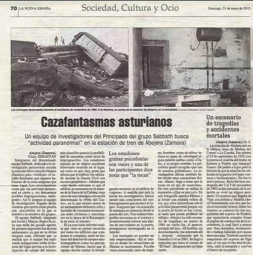 Entrevista a Marián Coya de Sabbath Mágico 2 Recorte de periódico "Cazafantasmas asturianos"