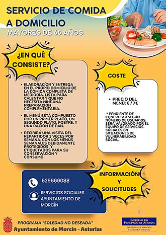 Servicio de comida a domicilio promovido por el Ayuntamiento de Morcín dirigido a mayores de 65 años.