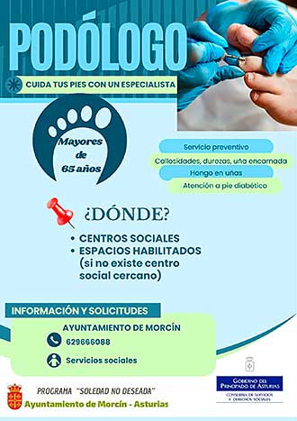 Servicio de podología promovido por el Ayuntamiento de Morcín dirigido a mayores de 65 años.