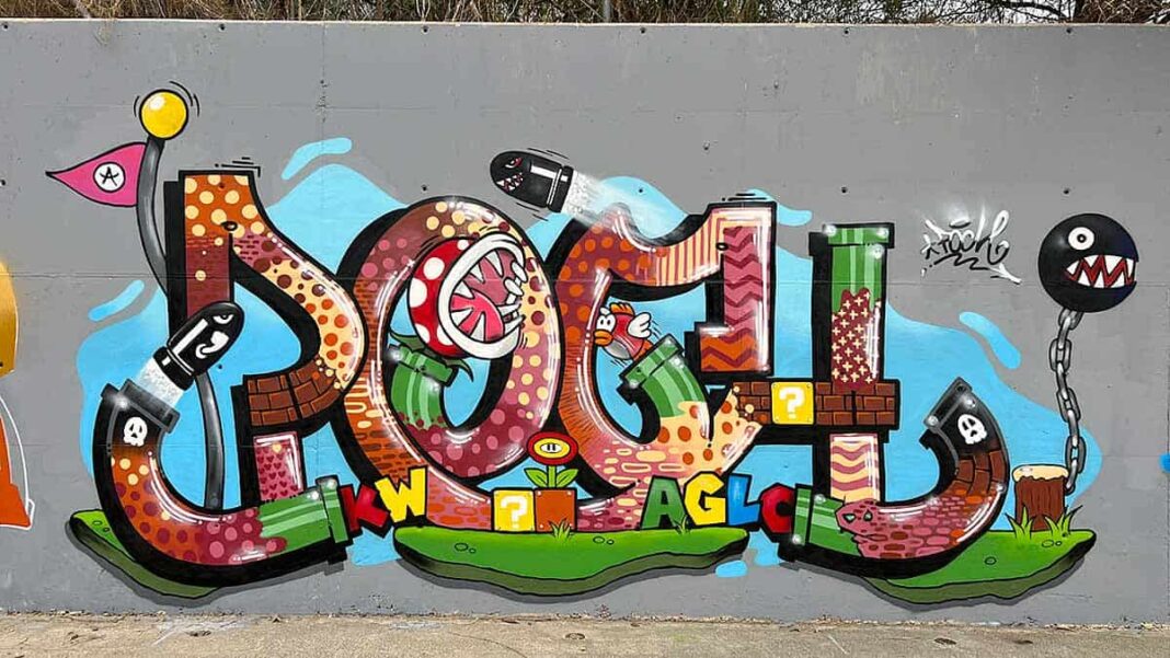 Mural del artista asturiano Poch pintado en Málaga, inspirado en Super Mario Bros.