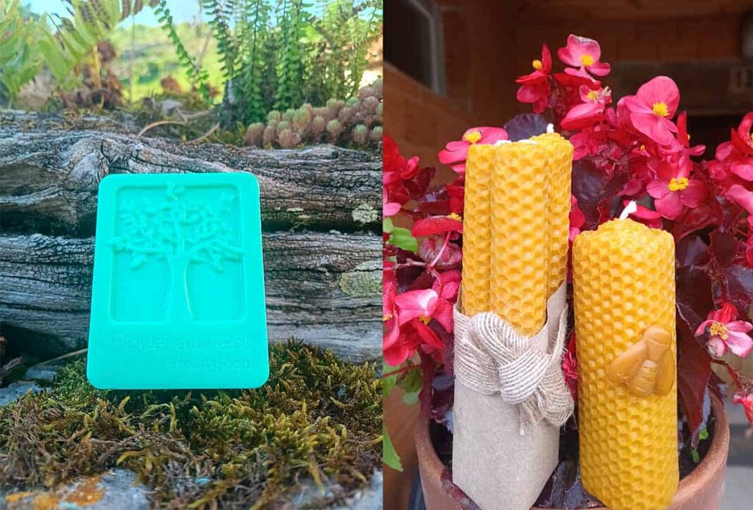 Izda.: jabón de té verde y pepino. Dcha.: velas de cera de abeja de Asturias, productos de Sulalla Artesanos