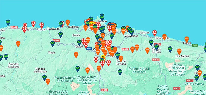 Mapa de antenas 5G en Asturias.