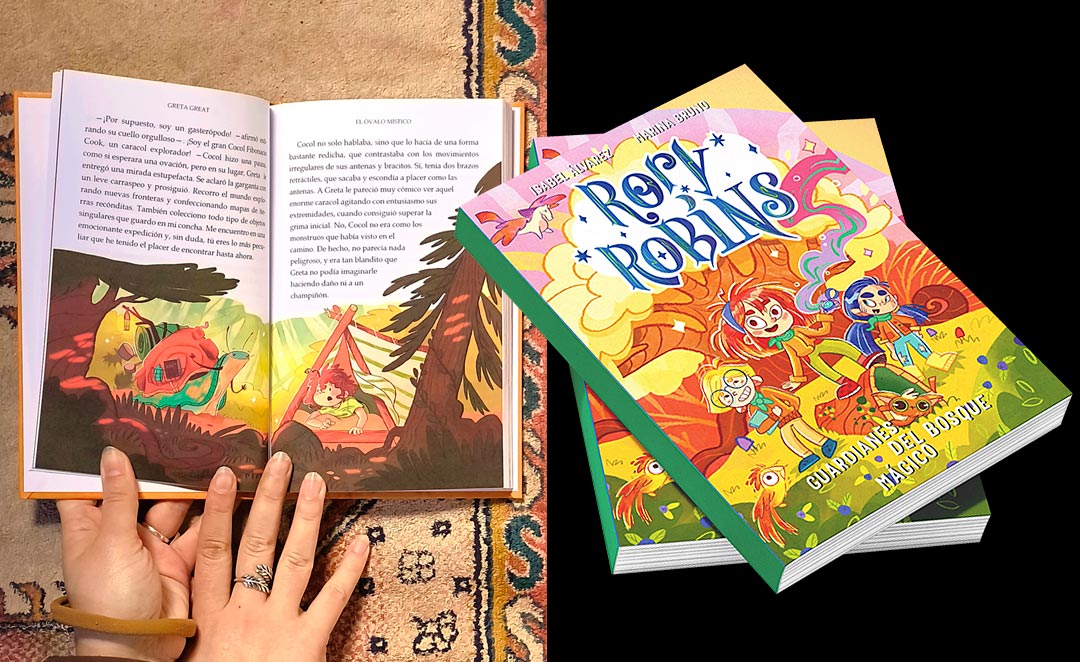 Izda.: "Greta Great y el Óvalo Místico", novela infantil de Javier Peña e ilustrado por Marina Bruno. Dcha.: "Rory Robins. Guardianes del bosque mágico", de Isabel Álvarez. Ilustrado por M. Bruno.