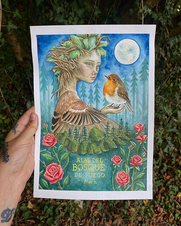 Portada del libro "Alas del bosque de fuego". Técnica: acuarela. @PaintsbyCristal