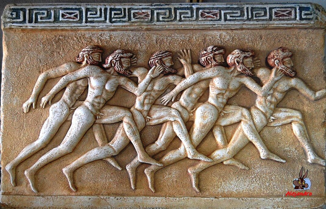 Friso de unos atletas en el gimnasio. Las carreras, en el gimnasio y fuera de él, las realizaban desnudos