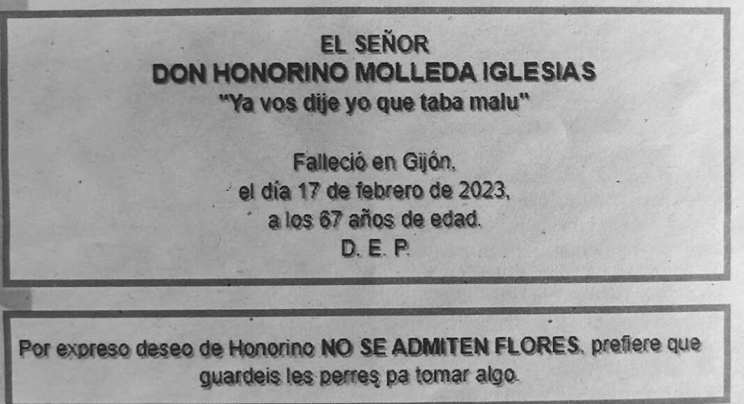 Esquela de Honorino Molleda Iglesias
