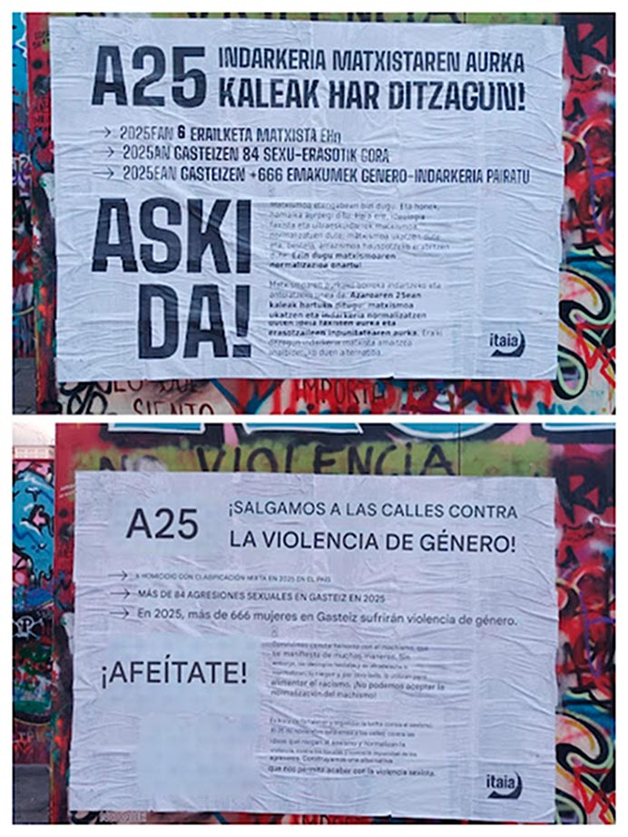Cartel sobre la manifestación del 25N en la Plaza de la Blanca de Gasteiz.