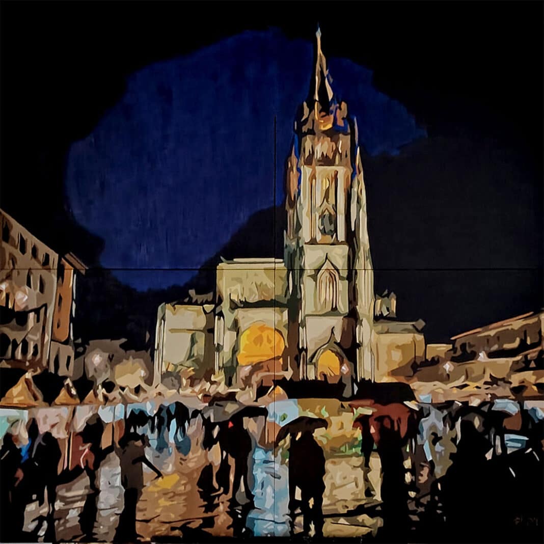 Catedral de Oviedo de noche (Colección Asturias de Mil Colores) Acrílico sobre 4 bastidores, 100x100.