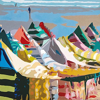 María del Roxo y su Colección Asturias de Mil Colores 3 Casetas en la playa de San Lorenzo (Colección Asturias de Mil Colores) Acrílico, 50x50. Obra de María del Roxo.
