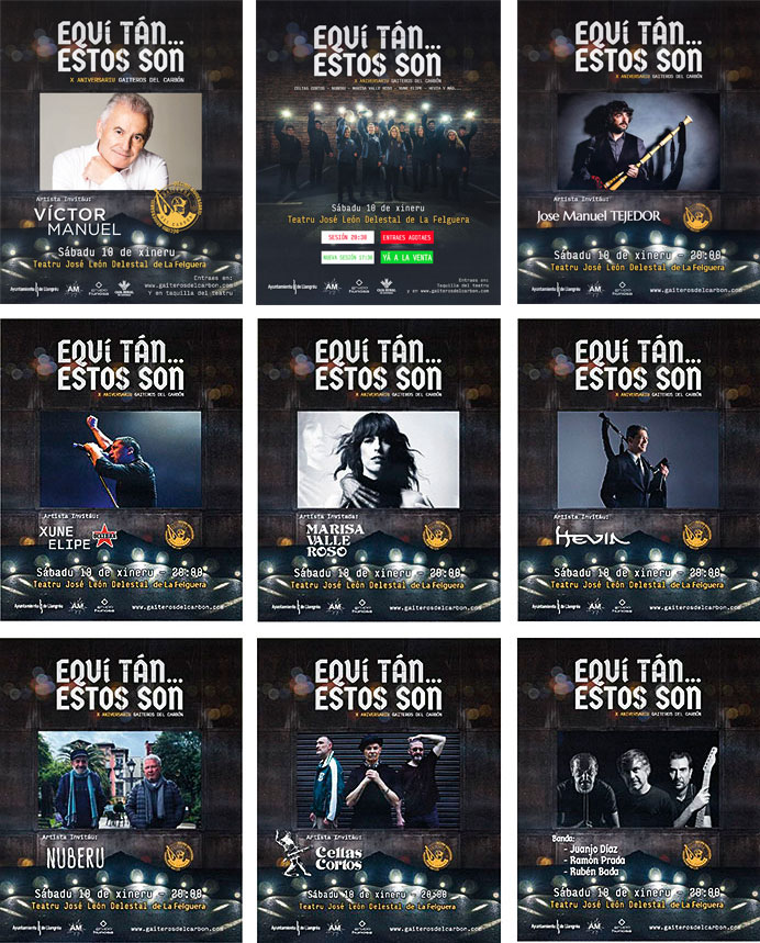 Gaiteros del Carbón celebra sus diez años de trayectoria 2 Carteles de algunos de los artistas invitados al concierto por sus 10 años de la banda asturiana Gaiteros del Carbón.