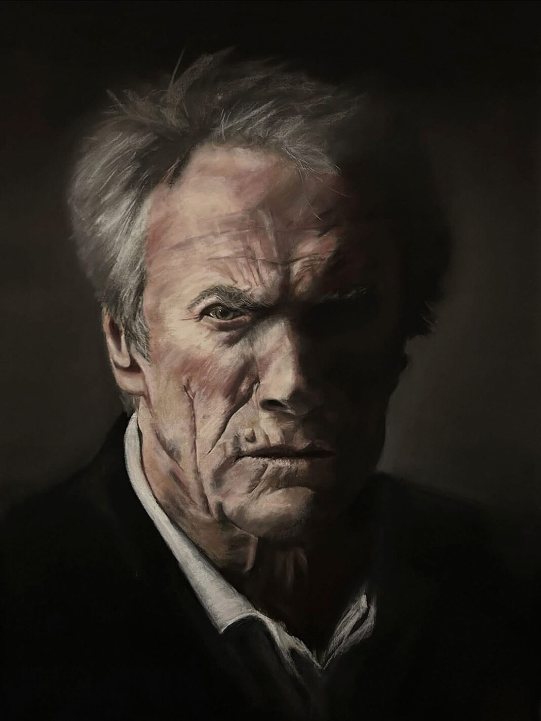 Retrato a pastel de Clint Eastwood realizado por por Estela Martínez González, artista asturiana.