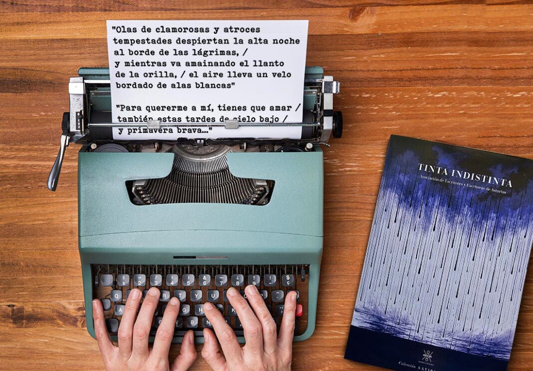 Fotomontaje de una máquina de escribir antigua con versos que aparecen en el libro