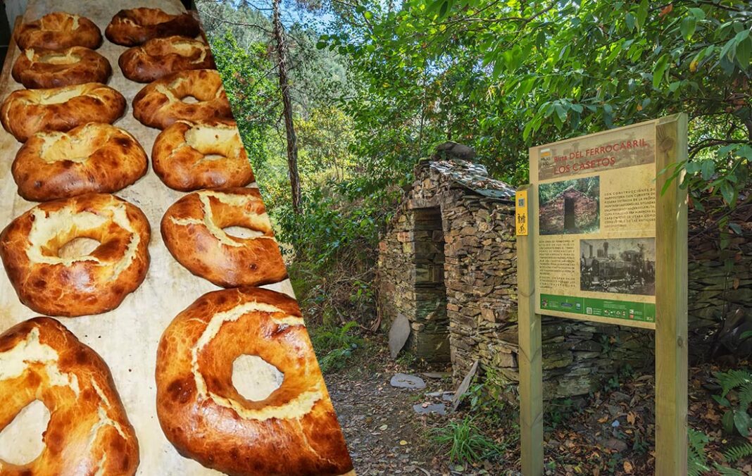 A la izda., roscas santirseñas (típicas de Semana Santa en San Tirso de Abres). A la dcha.: Vía Verde del Eo.