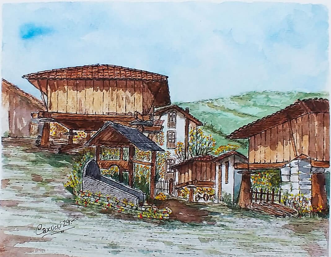Villar, aldea de la parroquia de Gallegos (Mieres) / Ilustración de José Ramón Aparicio Pérez (Monchu)