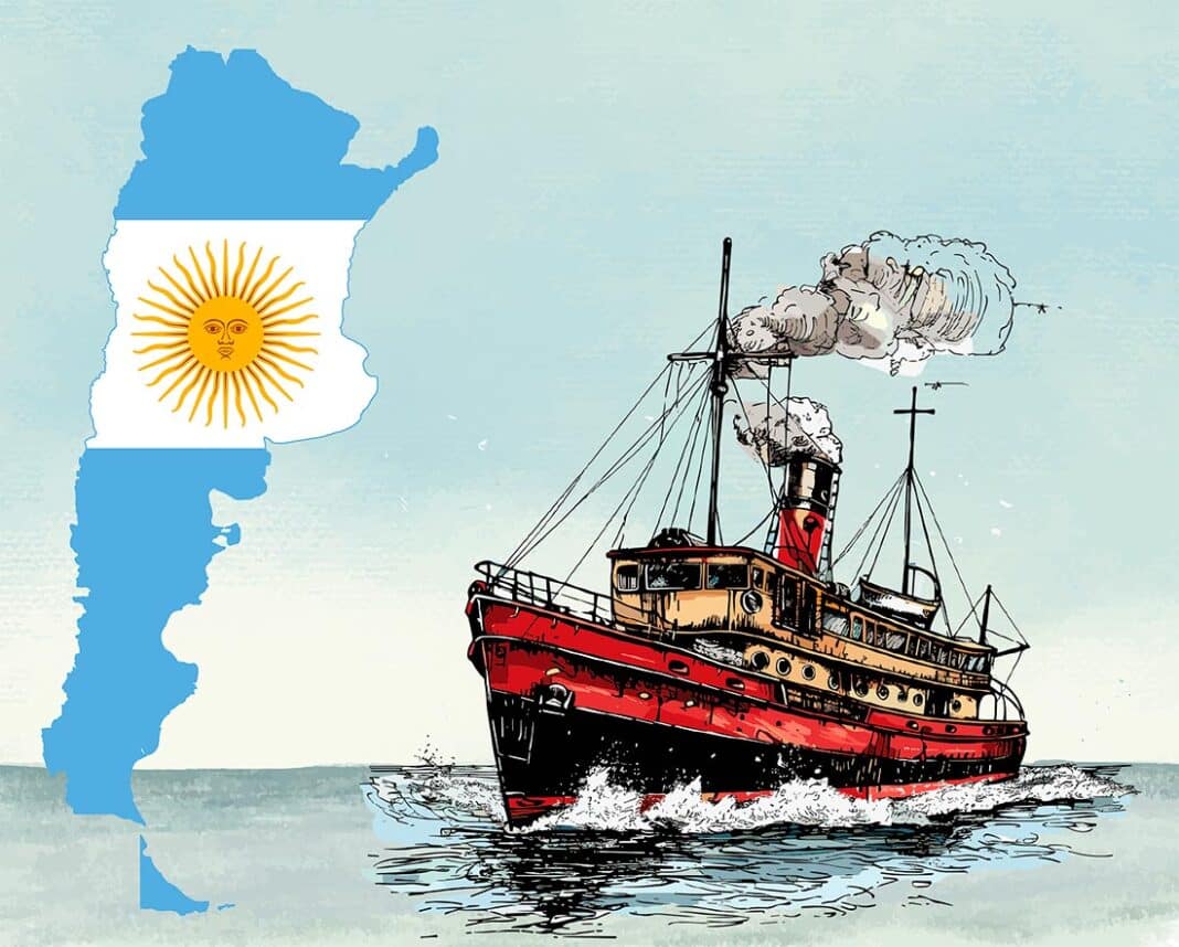 Un barco de vapor se dirige a Argentina con inmigrantes asturianos en 1910.