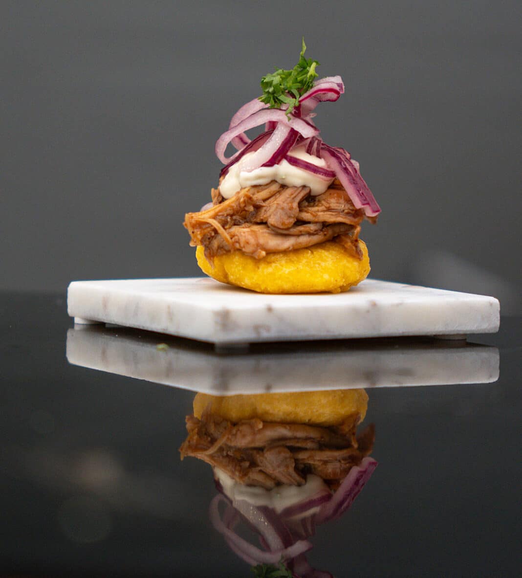 Tortos de maíz con pulled chicken y cebolla roja encurtida en sidra y cilantro