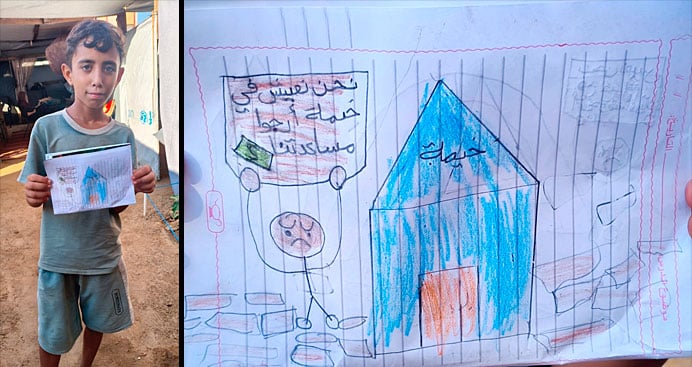 Podrías haber sido tú 5 En este dibujo, Anwar cuenta que viven "en una tienda de campaña y esperamos que todos nos apoyen".