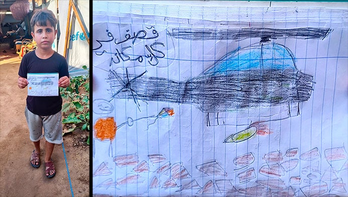Podrías haber sido tú 4 Yusuf muestra un dibujo en el que indica que "Hay bombardeos por todas partes"